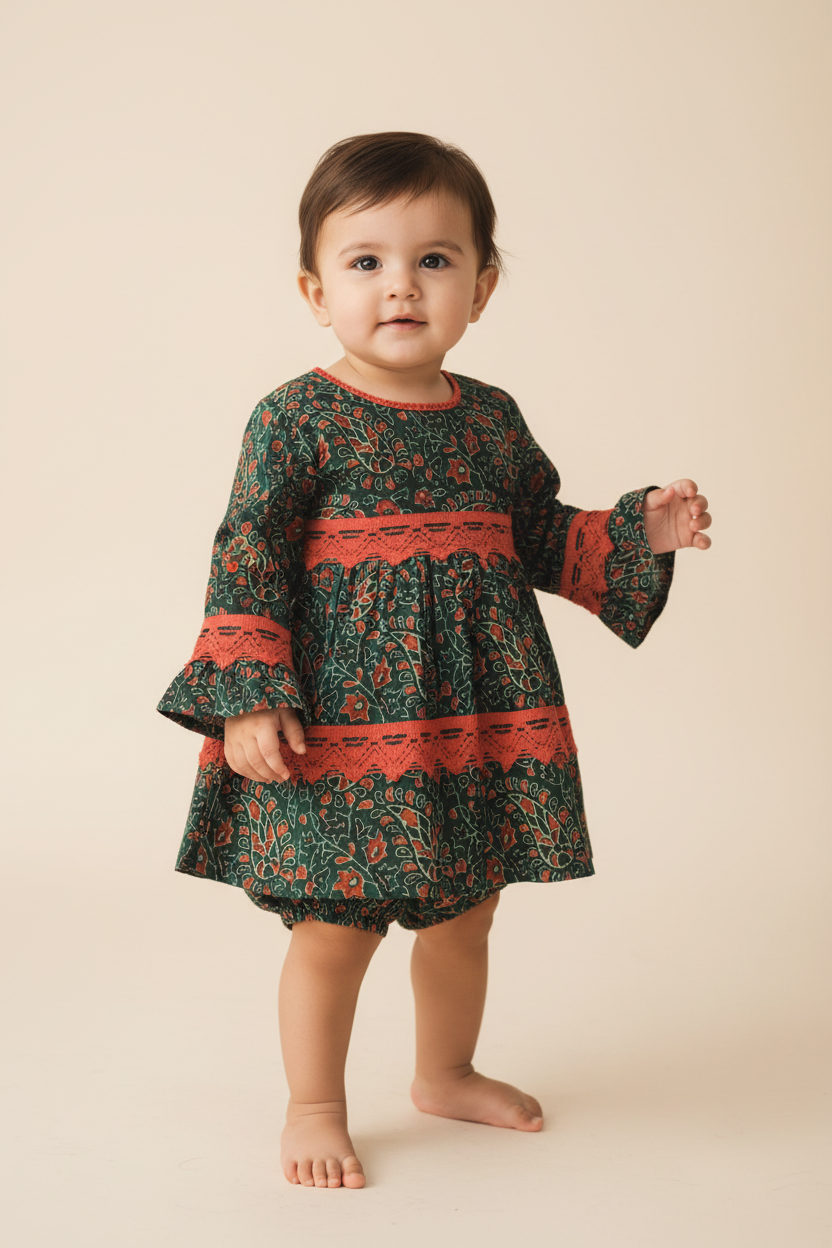 Green and Maroon Printed Long Sleeve Lace Detail Dress and Bloomers — Cotton Baby Girl Set | 0-24 Months