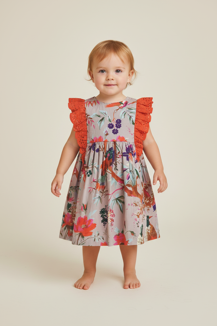 Bird Print Flutter Sleeves Dress