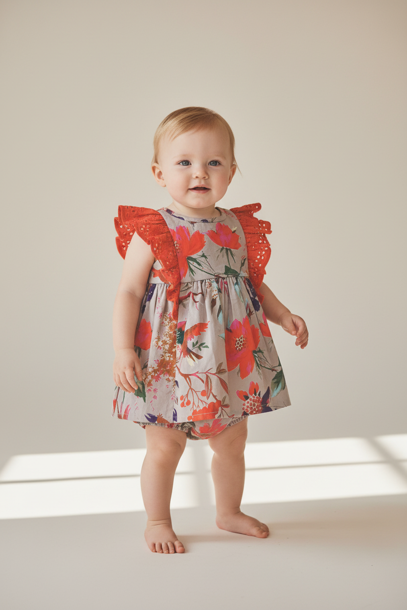 Bird Print Flutter Sleeves Dress and Bloomers