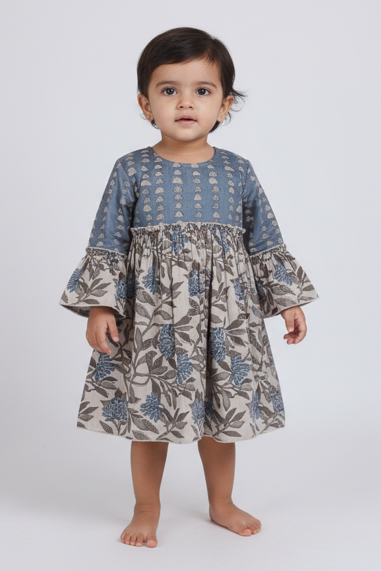 Floral Print Bell Sleeves Dress — Cotton Girls Dress | Infant to Tween 0-13 Years