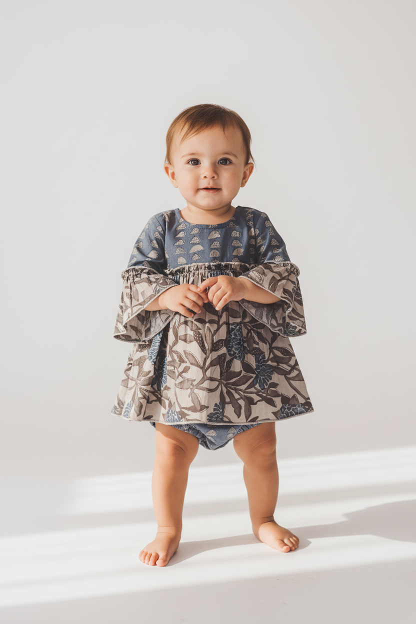 Floral Print Bell Sleeves Dress and Diaper Cover Set — Cotton Baby Girl Set | 0-24 Months