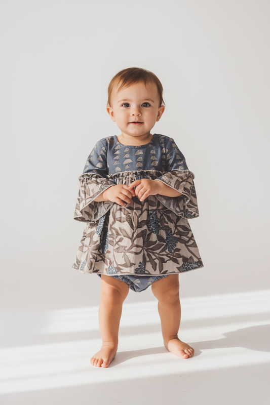 Floral Print Bell Sleeves Dress and Diaper Cover Set — Cotton Baby Girl Set | 0-24 Months