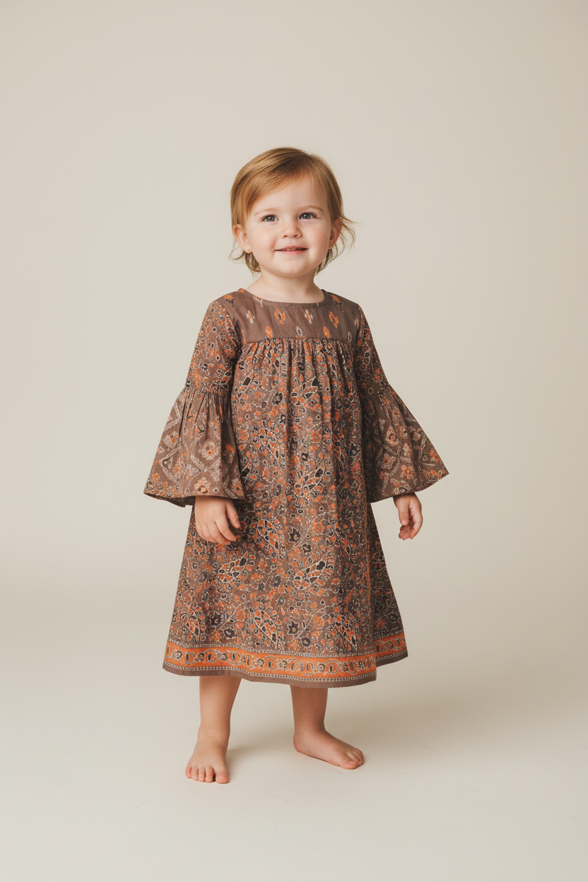 Paisley Print Bell Sleeves Dress — Cotton Girls Dress | Infant to Tween 0-13 Years