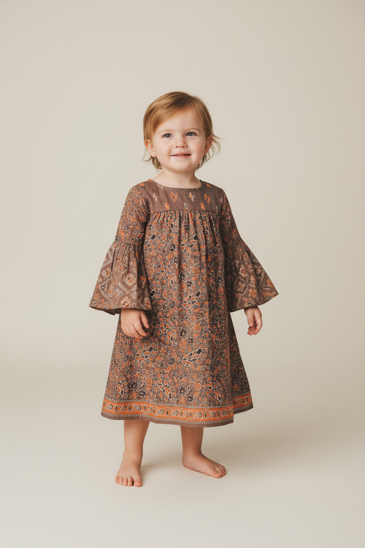 Paisley Print Bell Sleeves Dress — Cotton Girls Dress | Infant to Tween 0-13 Years