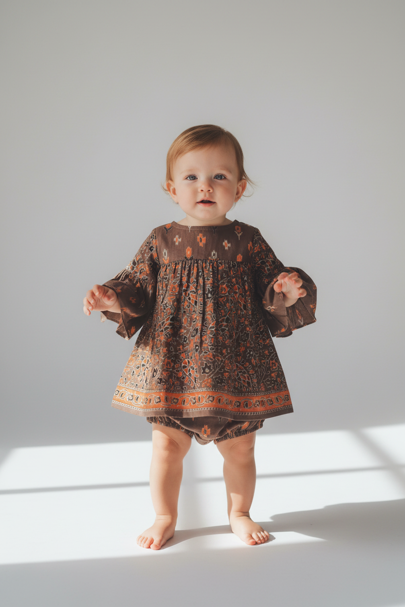Paisley Print Bell Sleeves Dress and Diaper Cover Set — Cotton Baby Girl Set | 0-24 Months