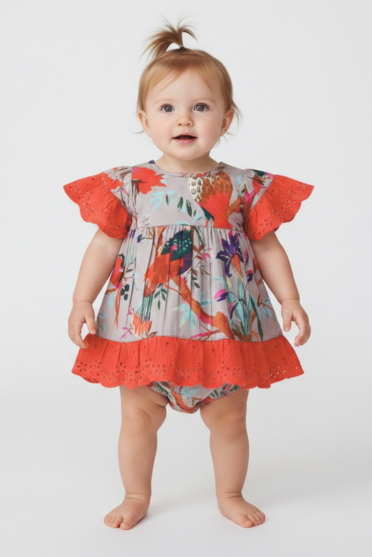 Bird Print Short Sleeves Dress and Bloomers