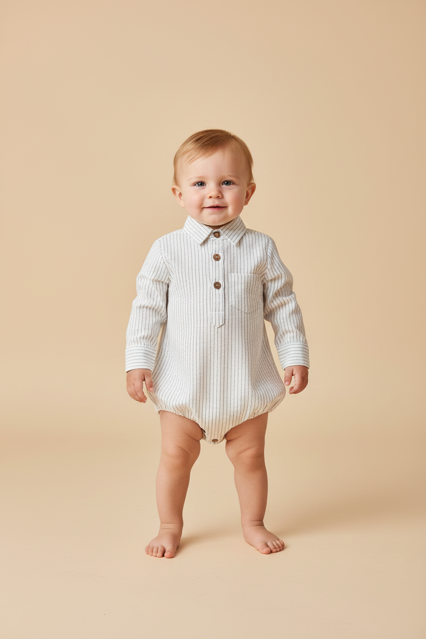 Grey Dot Stripes Print Long Sleeve Baby Romper — Cotton Baby Girl Romper | 0-24 Months