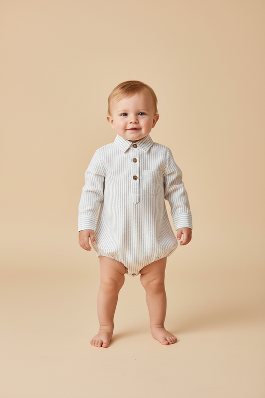 Grey Dot Stripes Print Long Sleeve Baby Romper — Cotton Baby Girl Romper | 0-24 Months