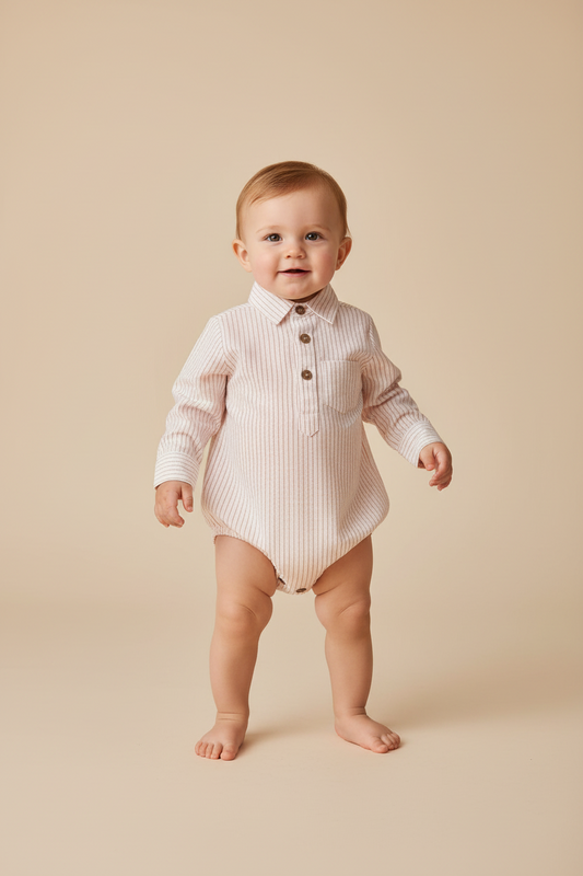 Peach Dot Stripes Long Sleeve Baby Romper — Cotton Baby Girl Romper | 0-24 Months