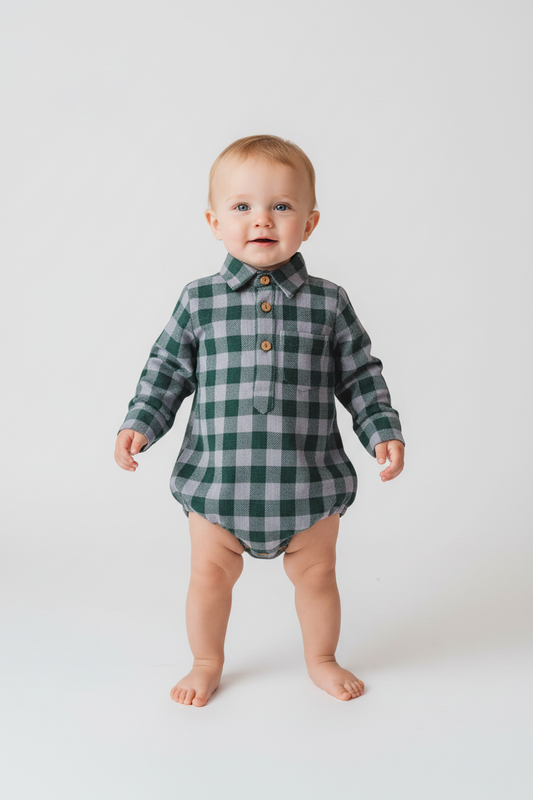 Green Checkered Print Long Sleeve Baby Romper