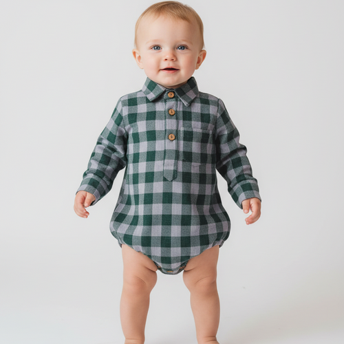 Green Checkered Print Long Sleeve Baby Romper