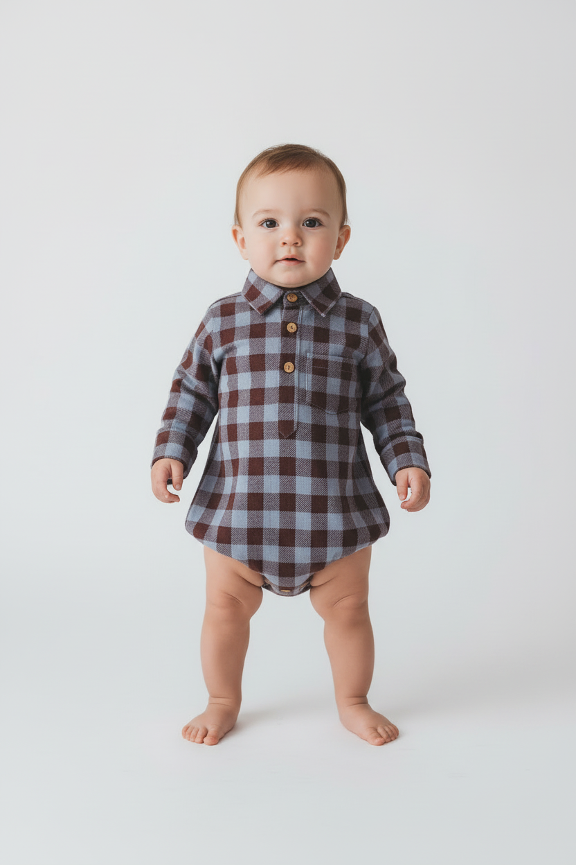 Burgundy Checkered Print Long Sleeve Baby Romper — Cotton Baby Girl Romper | 0-24 Months