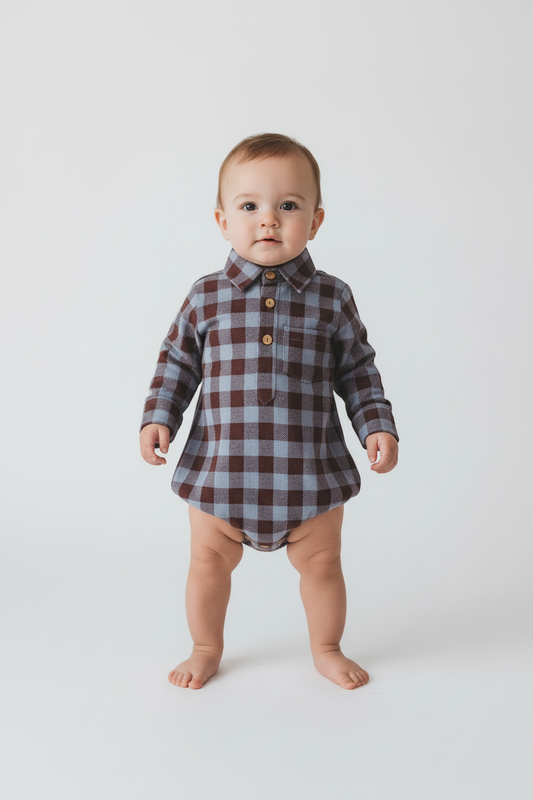 Burgundy Checkered Print Long Sleeve Baby Romper — Cotton Baby Girl Romper | 0-24 Months