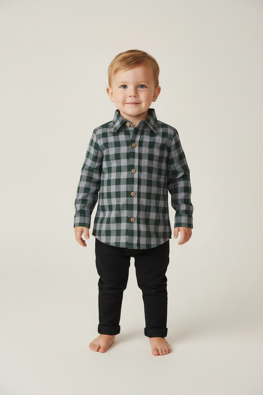 Green Checkered Print Boys Shirts