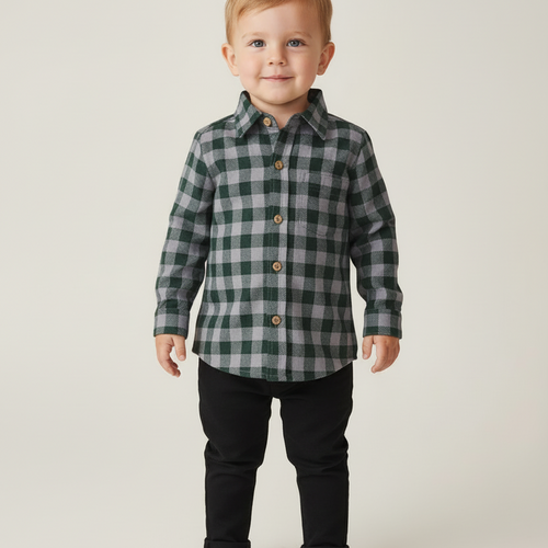 Green Checkered Print Boys Shirts
