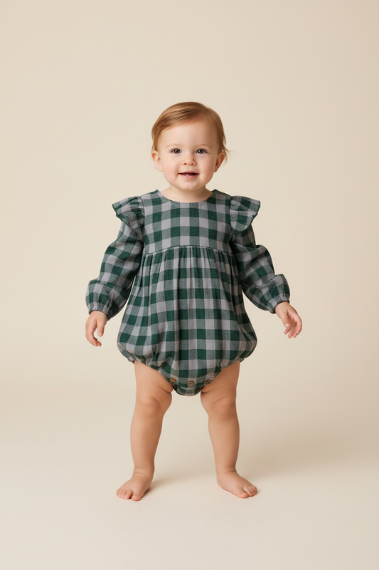 Green Checkered Print Long Sleeve Baby Romper