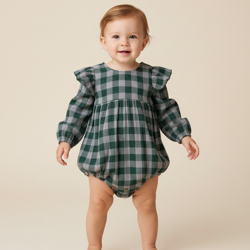 Green Checkered Print Long Sleeve Baby Romper
