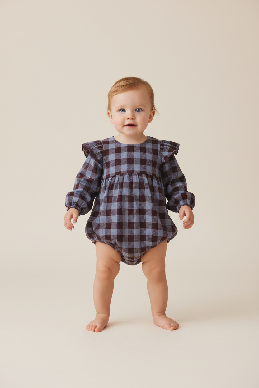 Burgundy Checkered Print Long Sleeve Baby Romper with Collar — Cotton Baby Girl Romper | 0-24 Months