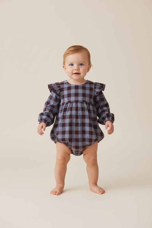 Burgundy Checkered Print Long Sleeve Baby Romper with Collar — Cotton Baby Girl Romper | 0-24 Months