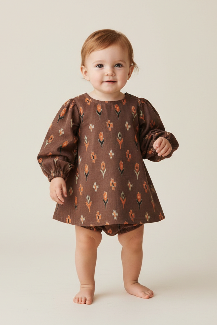 Floral Printed Long Sleeve Dress and Diaper Cover Set — Cotton Baby Girl Set | Festive