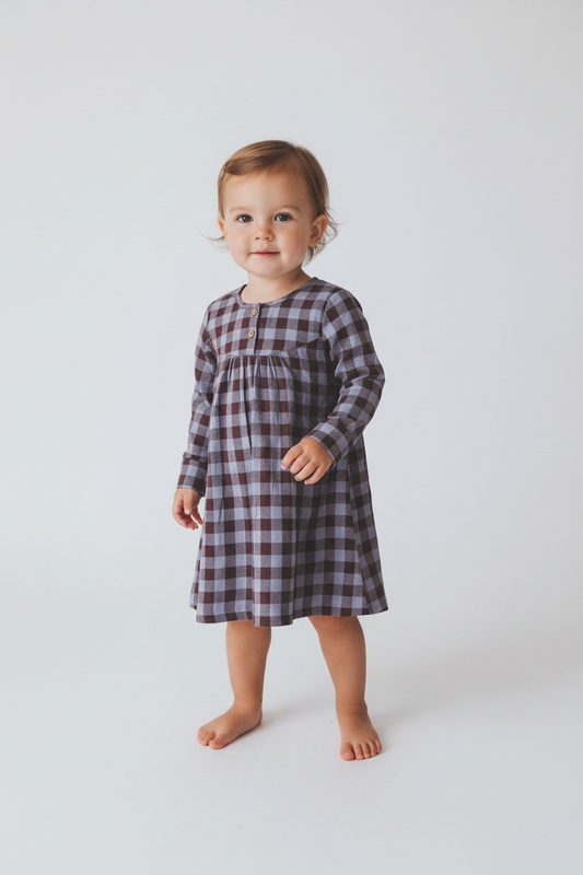 Burgundy Checkered Print Long Sleeves Dress — Cotton Girls Dress | Infant to Tween 0-13 Years
