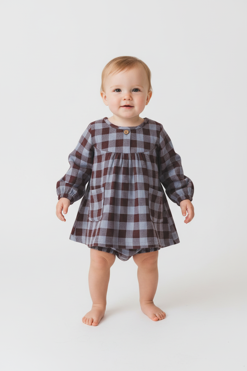 Burgundy Checkered Print Long Sleeves Dress and Diaper Cover Set — Cotton Baby Girl Set | 0-24 Months