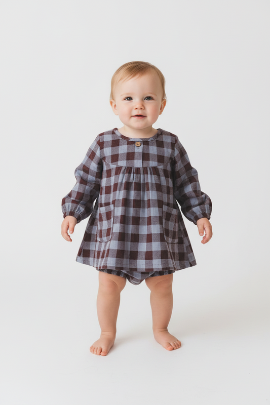Burgundy Checkered Print Long Sleeves Dress and Diaper Cover Set — Cotton Baby Girl Set | 0-24 Months