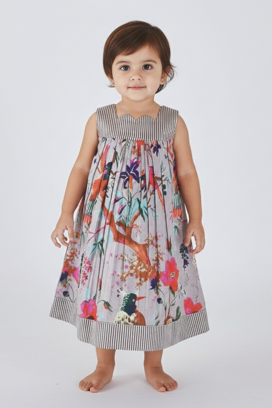Bird Printed Sweetheart Neck Line Dress