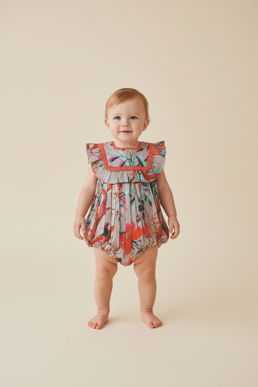 Bird Print Neck Ruffle Romper