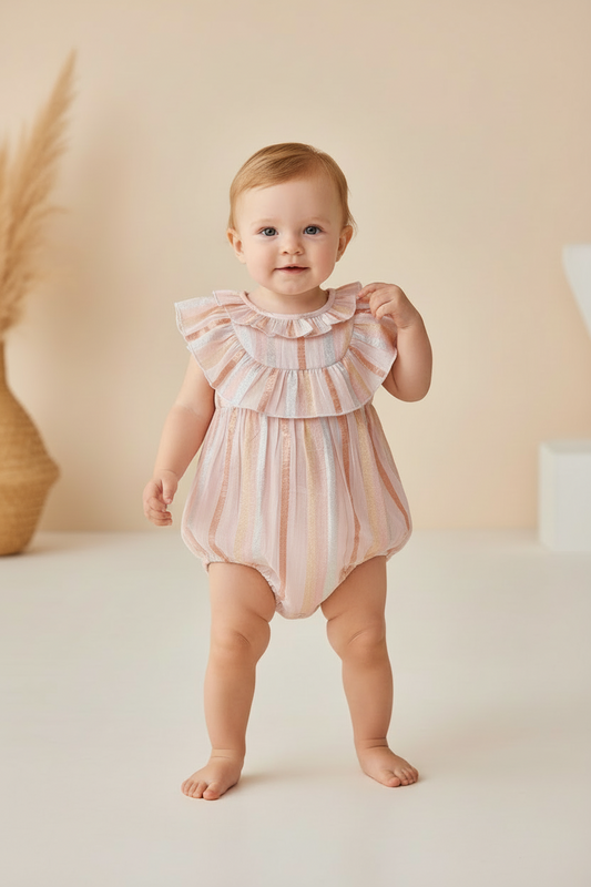 Baby Pink Lurex Neck Ruffle Romper