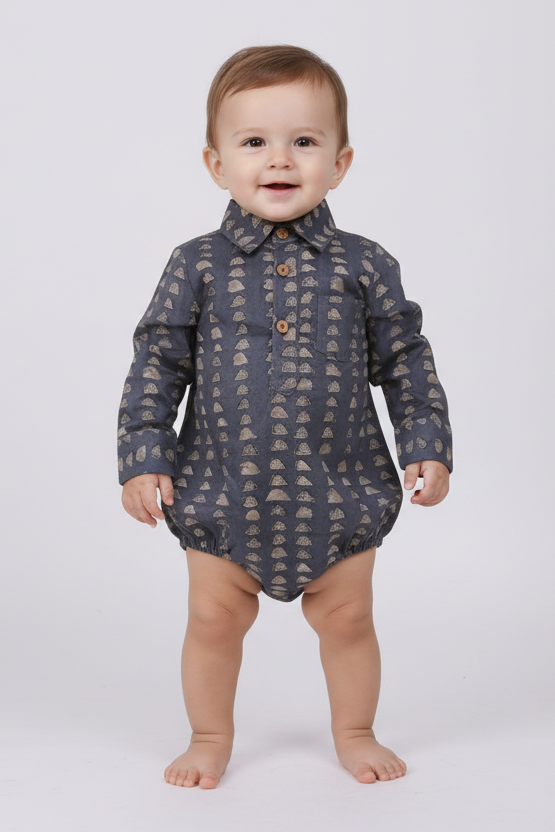Grey Print Long Sleeve Baby Romper — Cotton Baby Girl Romper | 0-24 Months