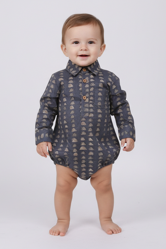 Grey Print Long Sleeve Baby Romper — Cotton Baby Girl Romper | 0-24 Months
