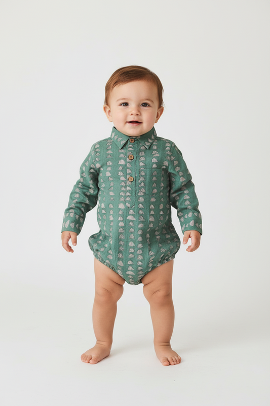 Green Print Long Sleeve Baby Romper — Cotton Baby Girl Romper | 0-24 Months