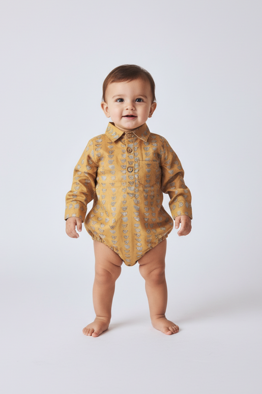 Mustard Print Long Sleeve Baby Romper — Cotton Baby Girl Romper | 0-24 Months