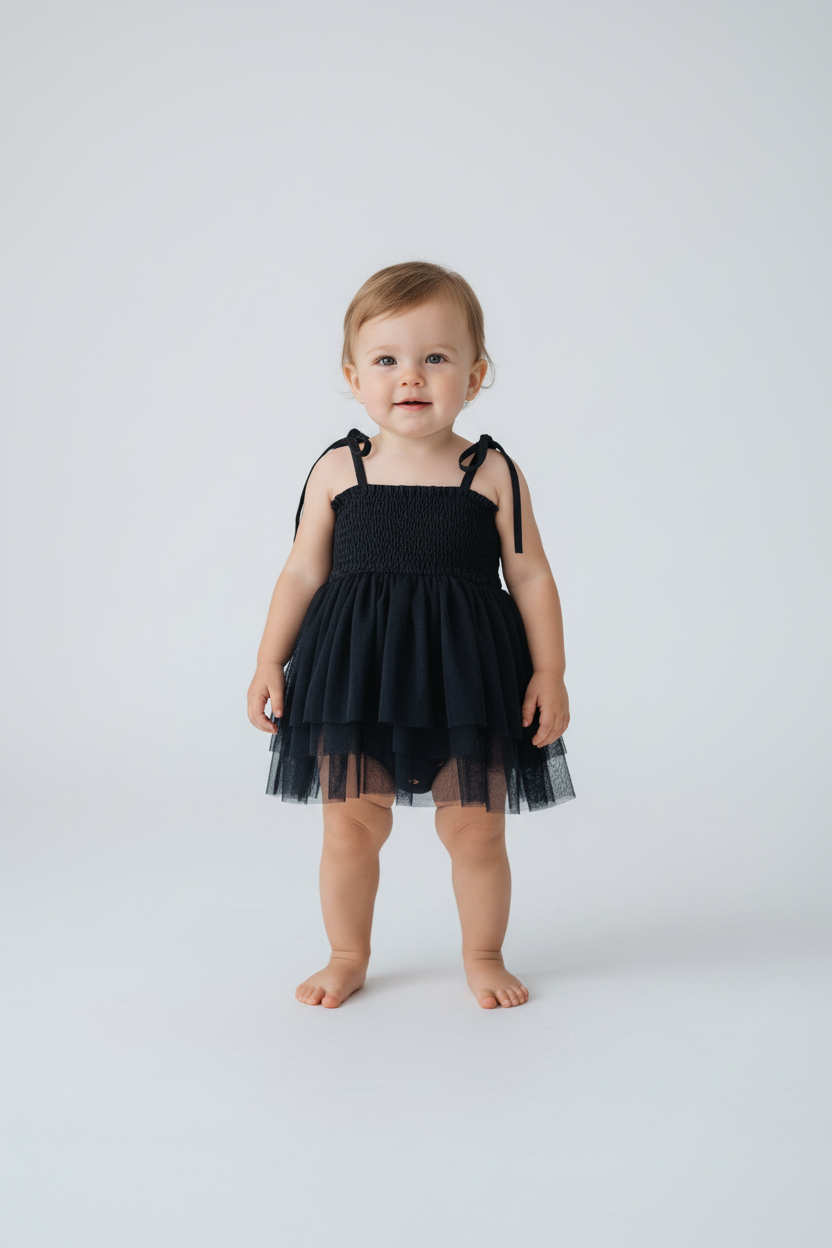 Black Tulle Infant Ruffle Romper — Cotton Baby Girl Romper | 0-24 Months