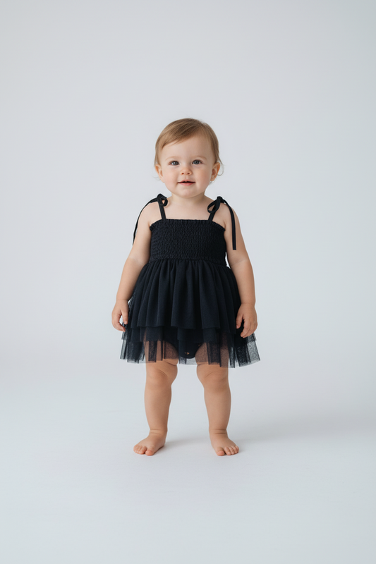 Black Tulle Infant Ruffle Romper — Cotton Baby Girl Romper | 0-24 Months