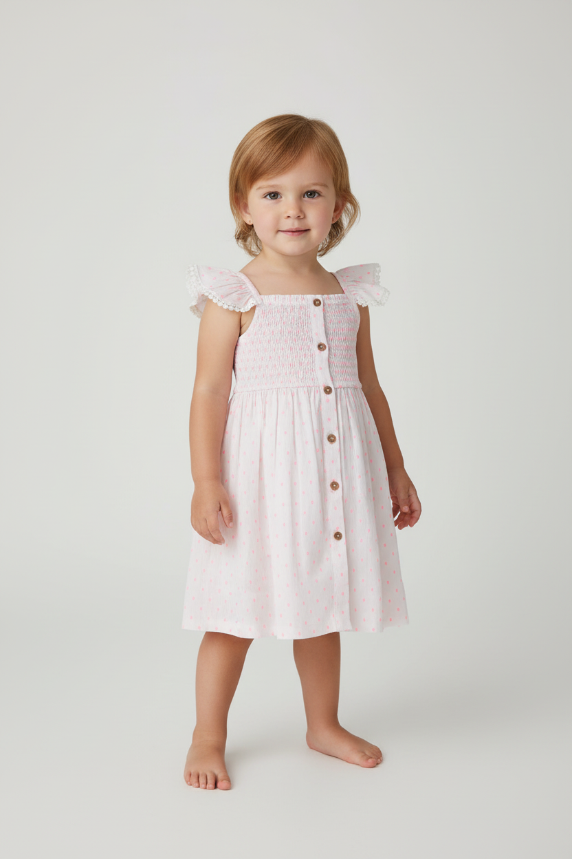 Neon Pink Cotton Dobby Sleeve Ruffle Gathered Dress — Cotton Girls Dress | 0-13 Years
