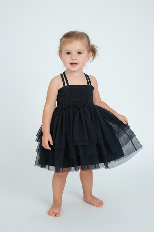 Black Tulle Solid Color Ruffle Dress