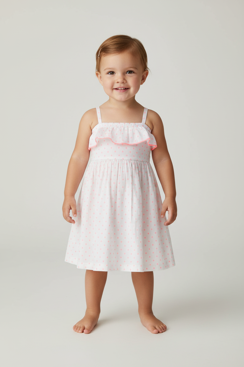 Neon Pink Cotton Dobby Yoke Ruffle Gathered Dress — Cotton Girls Dress | 0-13 Years