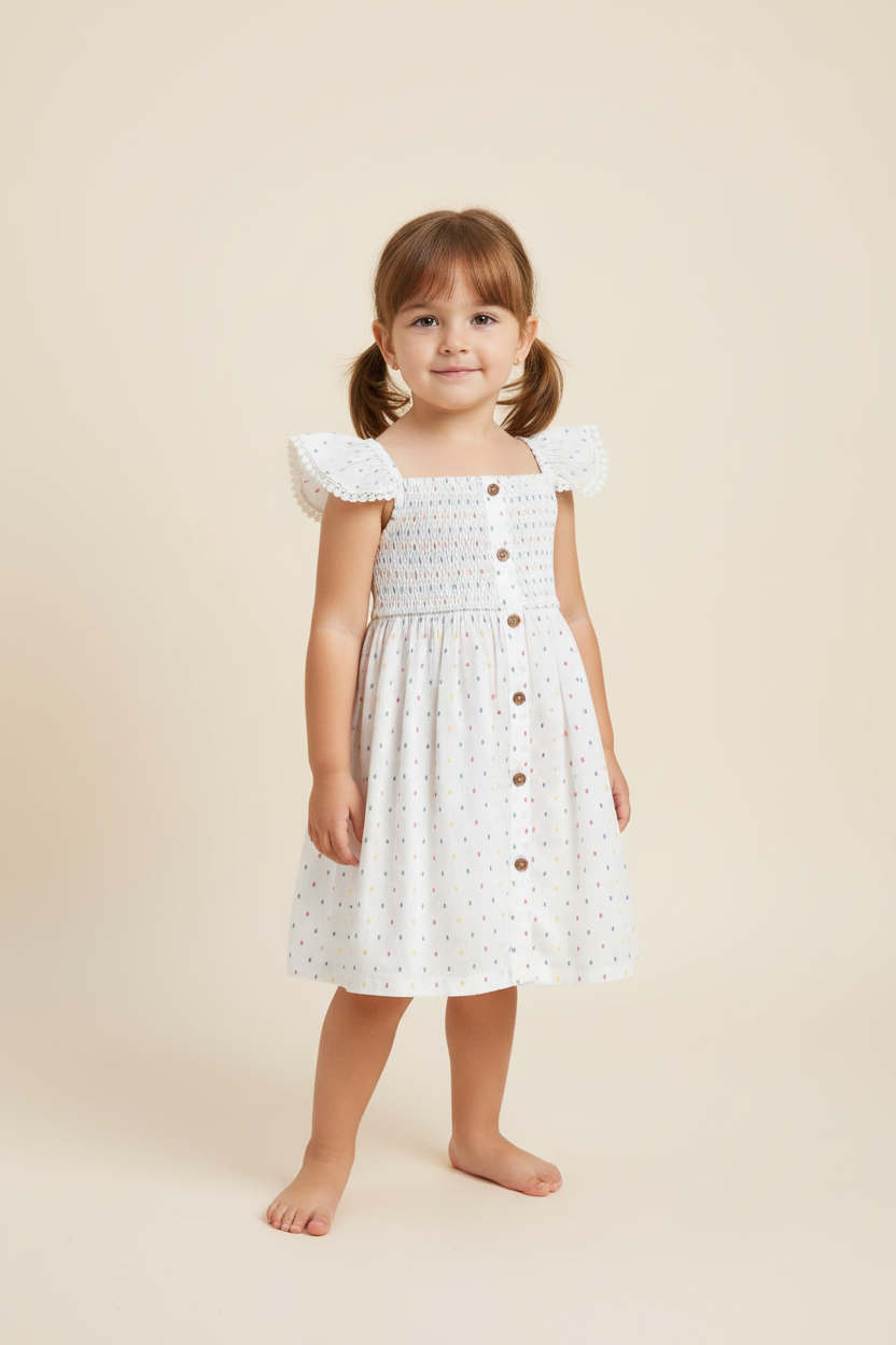 Multi Color Cotton Dobby Sleeve Ruffle Gathered Dress — Cotton Girls Dress | 0-13 Years