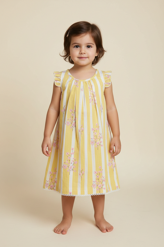 Pink Floral Sleeve Ruffle Gathered Dress — Cotton Girls Dress | 0-13 Years