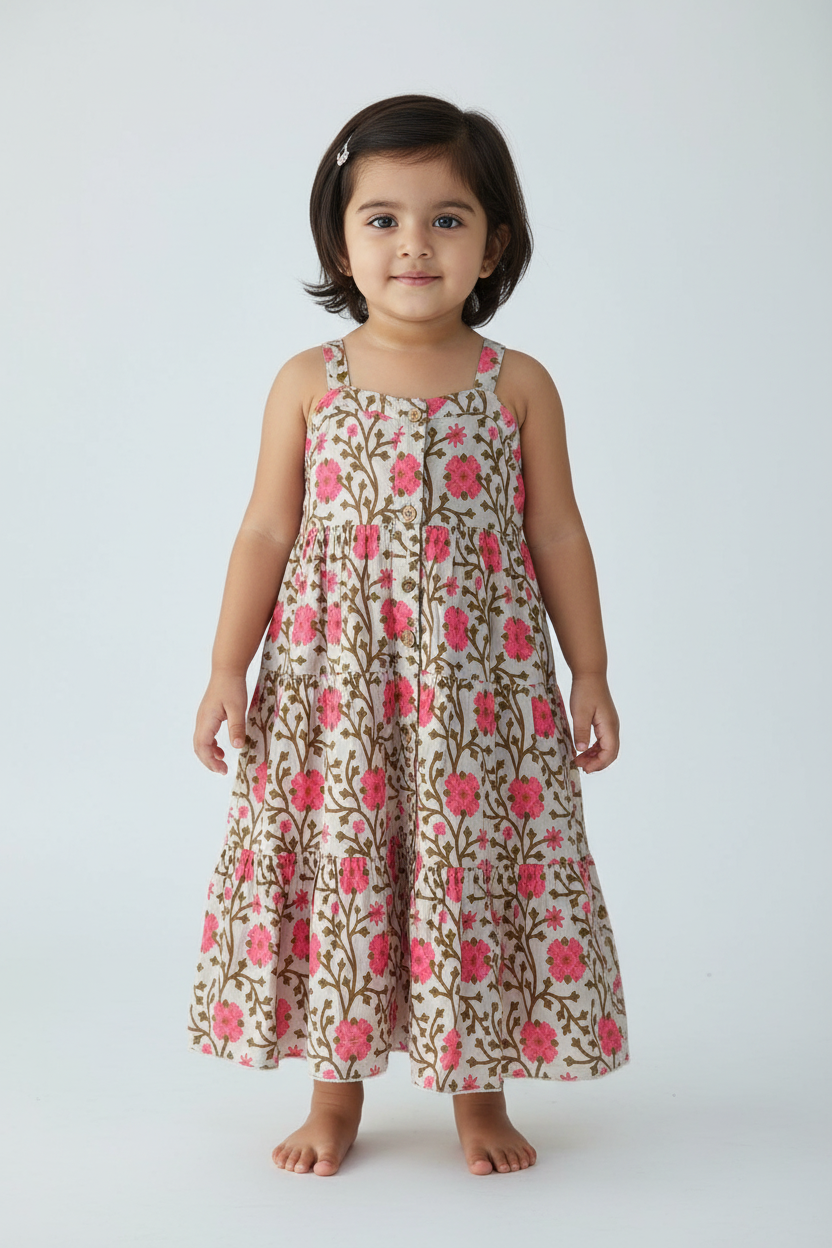 Pink and Beige Floral Tiered Dress — Cotton Girls Dress | Infant to Tween 0-13 Years