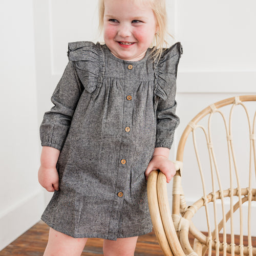 Black Chambray Long-Sleeve Ruffle Dress