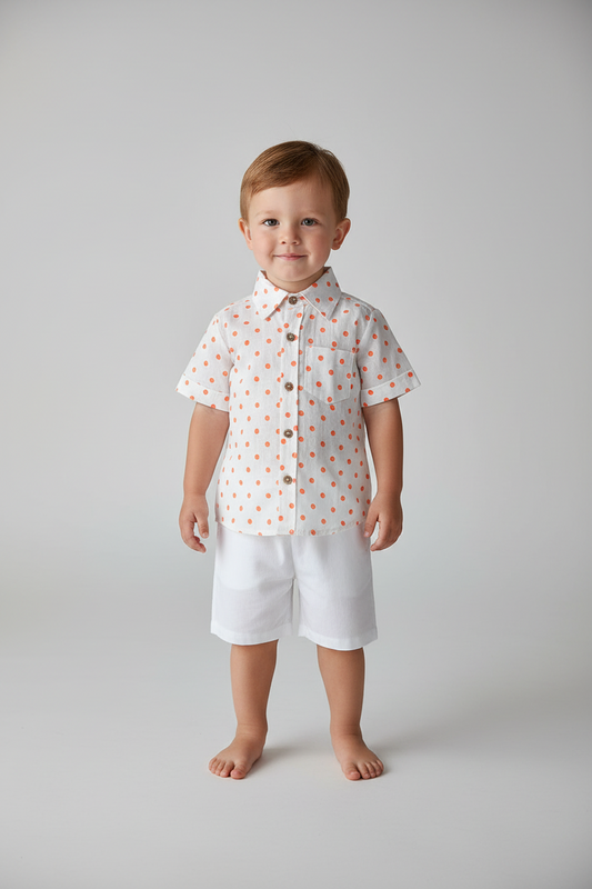 Orange Polka Dot Print Boys Shirt & White Shorts set