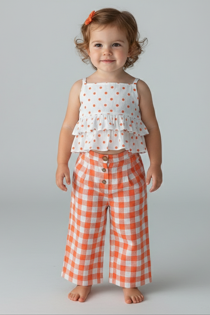 Orange Polka Dot Top and Orange Checkered Pants Set — Cotton Girls Co-Ord | 0-13 Years