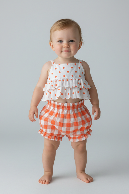 Orange Polka Dot Top and Orange Checkered Shorts Set — Cotton Girls Co-Ord | 0-13 Years