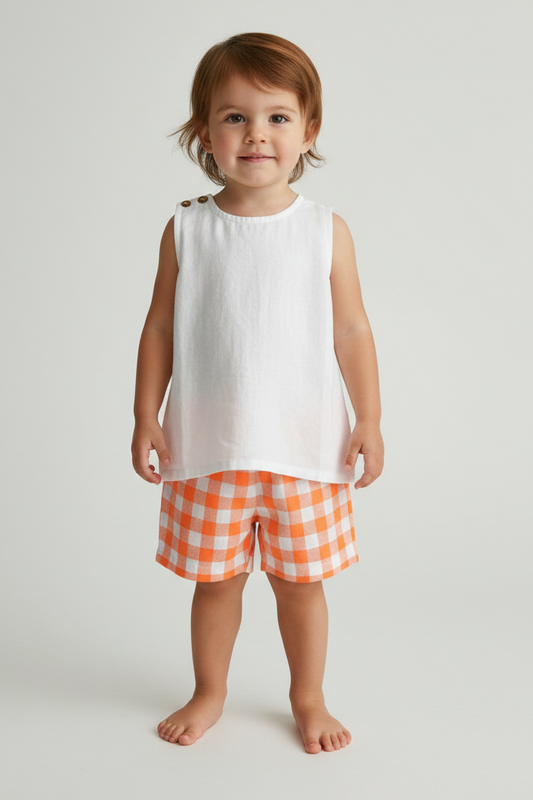 Off-White Top & Orange Checkered Shorts set