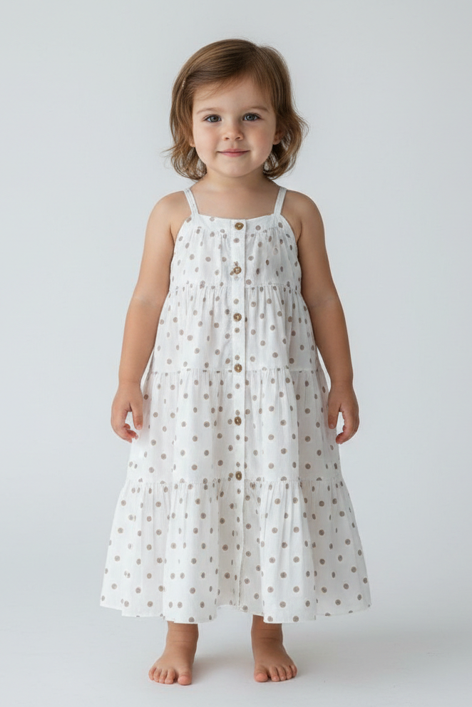 Brown Polka Dot Print Tiered Dress — Cotton Girls Dress | Infant to Tween 0-13 Years