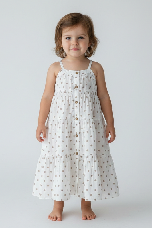 Brown Polka Dot Print Tiered Dress — Cotton Girls Dress | Infant to Tween 0-13 Years