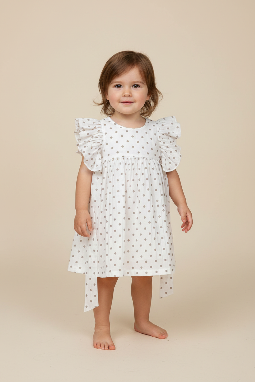 Brown Polka Dot Print Sleeve Ruffle Gathered Dress — Cotton Girls Dress | 0-13 Years
